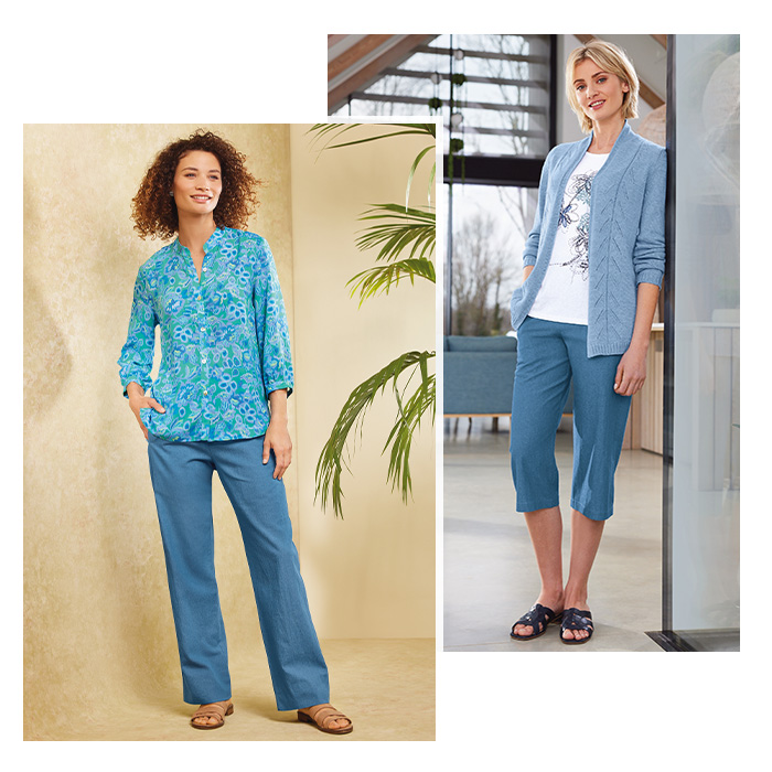 Two images of models wearing elasticated waist chambray blue trousers. One is wearing a patterned teal blouse and longer trousers. The other is wearing a cropped version of the trousers with a white floral printed top and light blue knitted cardigan. 