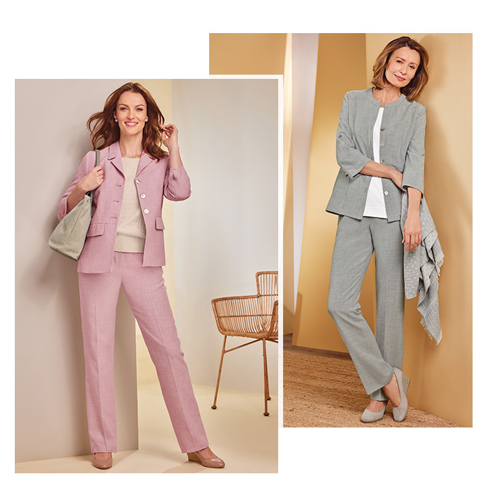 Two images of models wearing textured trousers. One is wearing a dust pink pair with a matching textured jacket, an oyster toned textured cotton top and a stone coloured tote bag. The other is wearing a silver toned pair of textured trousers with a white T-shirt and a matching silver textured jacket. She is also holding a grey spot scarf. 