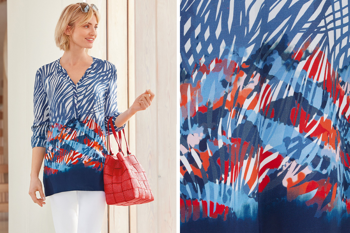 a lightweight tunic border in an abstract print of blue, white and red