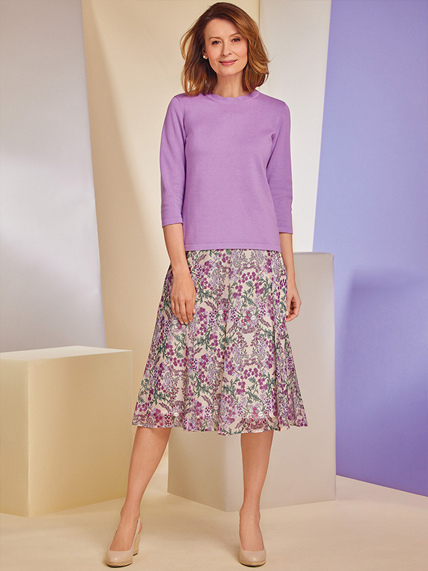 a purple floral printed chiffon skirt with a wisteria toned 100% cotton top.
