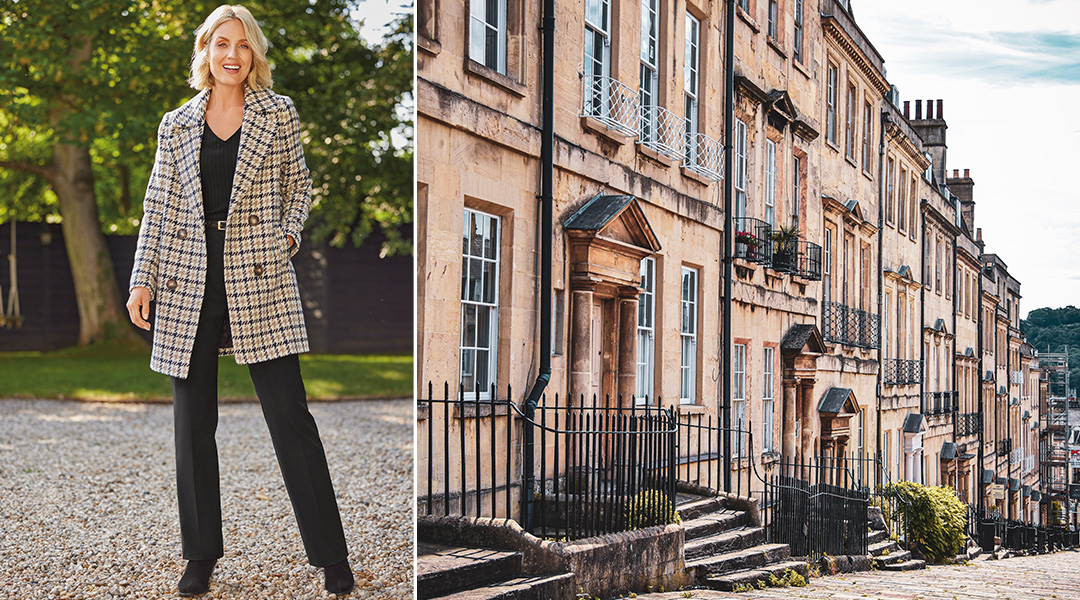 a smart checked coat in the city of bath