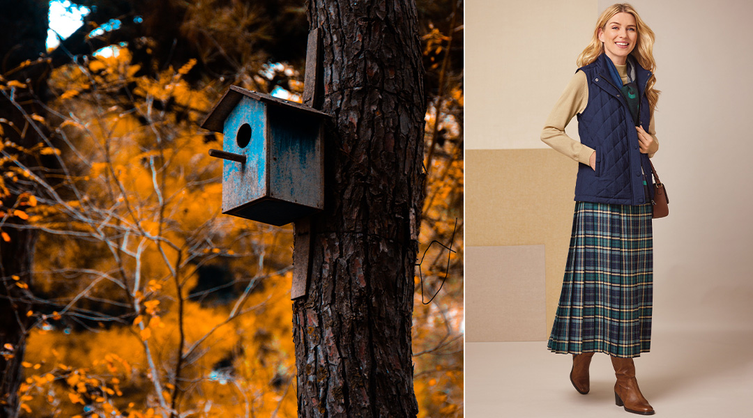 a checkered skirt and a navy quilted gilet for an autumn national trust walk