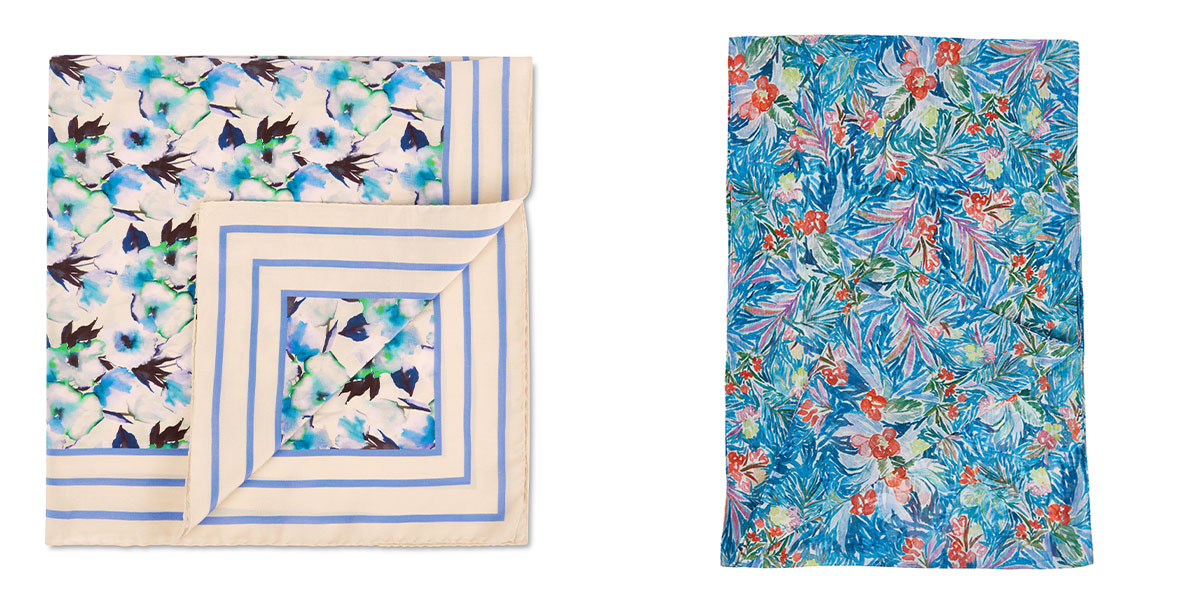 floral printed and colourful scarves in both silk and chiffon cloth.
