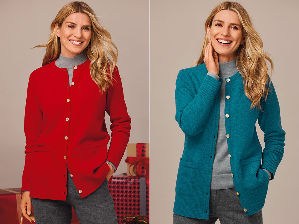 a teal or red coloured lambswool cardigan for the Christmas season