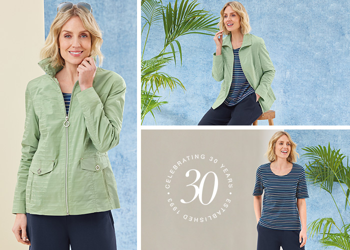 images of a blonde model wearing a mint green light-weight jacket for mature women with a navy pair of culottes and a navy blue striped T-shirt.