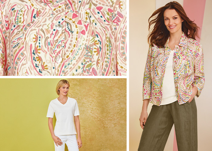 A woman wearing olive green pull-on trousers, a V-neck white T-shirt and a paisley printed summer jacket. A model wearing white casual trousers and a white V-neck T-Shirt. The pastel paisley print form the jacket. 