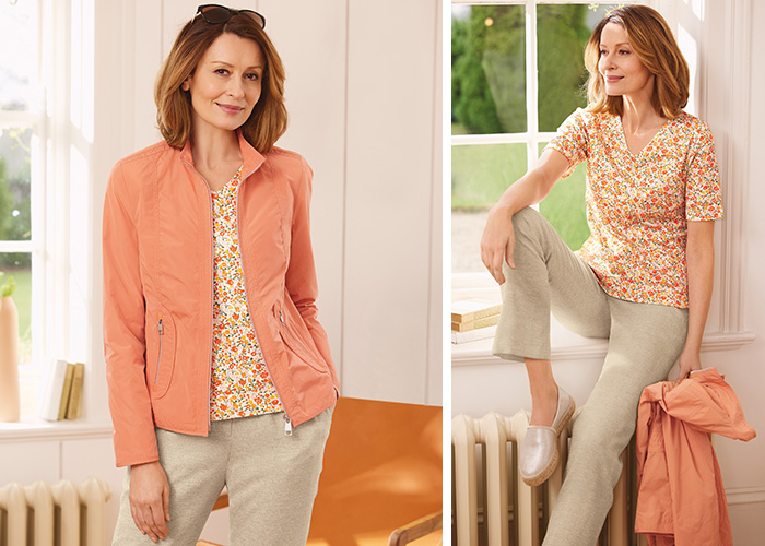 a woman wearing a peach summer jacket for older ladies with a pair of natural textured trousers and a ginger floral printed T-shirt