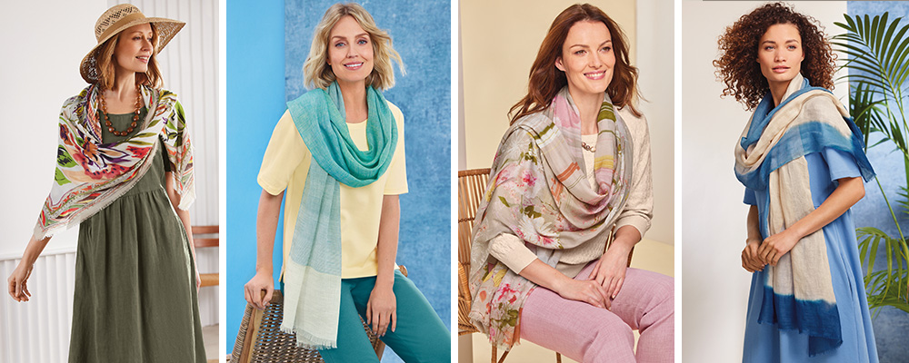 a collection of four printed summer scarves for mature ladies. 