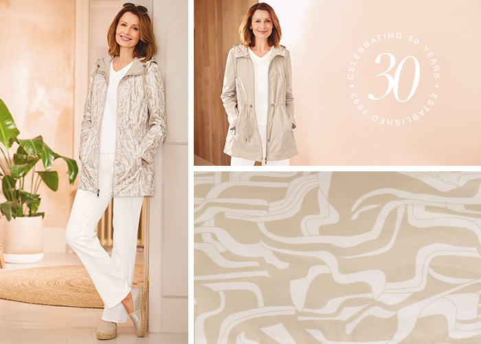 a chic reversible summer jacket for mature women with a natural side and a white and natural printed side. 