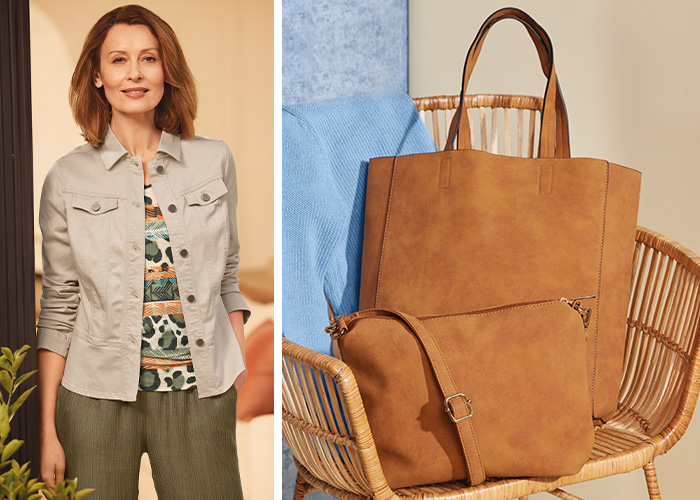 a woman wearing olive green trousers, a patterned leopard print T-shirt and a natural summer casual jacket. Another photo shows a tan coloured faux suede tote and handbag. 
