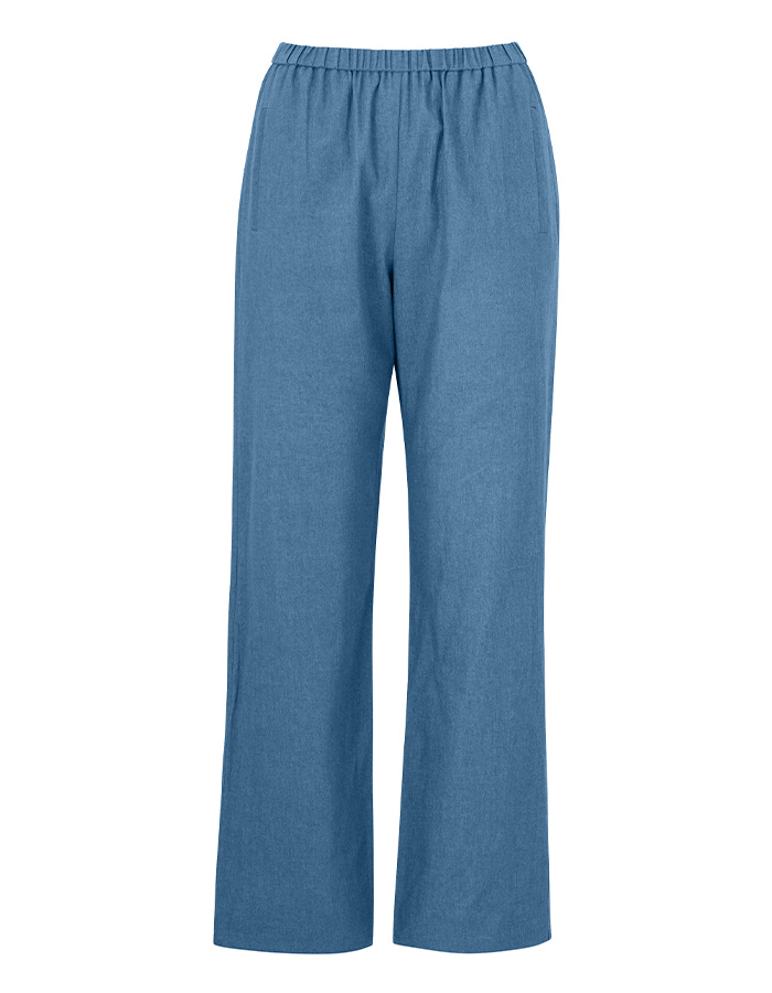 A still image of chambray blue trousers