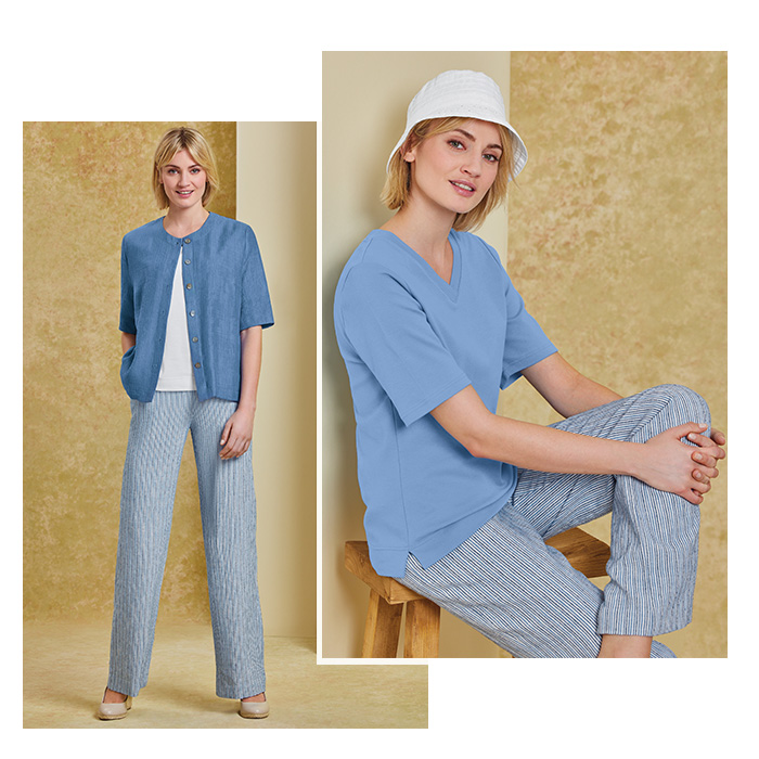 Two images of a model wearing white and mid-blue vertical striped trousers. In one image she is stood up wearing these wide leg trousers with a blue blouse and white T-shirt. The other, she is sat down wearing the striped trousers with a cornflower blue V-neck T-shirt and white Italian bucket style woven hat. 