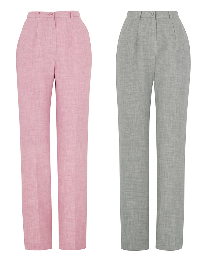 a dusk pink pair of elasticated waist textured trousers and a silver pair of textured trousers on a white background. 