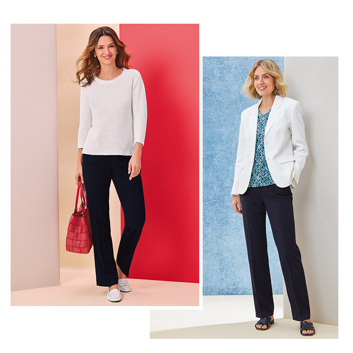 Two images of two different models wearing navy smart trousers. One is wearing them with a white jumper and a red woven handbag. The other is wearing them with a teal blue abstract spot T-shirt and white textured blazer. 