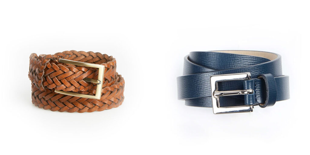 a tanned plaited leather classic belt and a navy blue and silver timeless leather belt