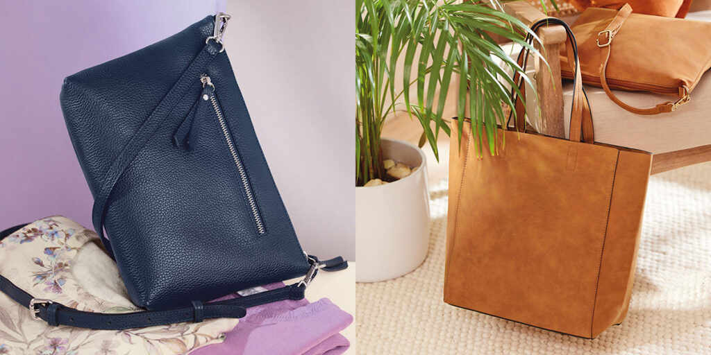 a navy blue Italian leather handbag with shoulder strap and a faux suede classic tote bag