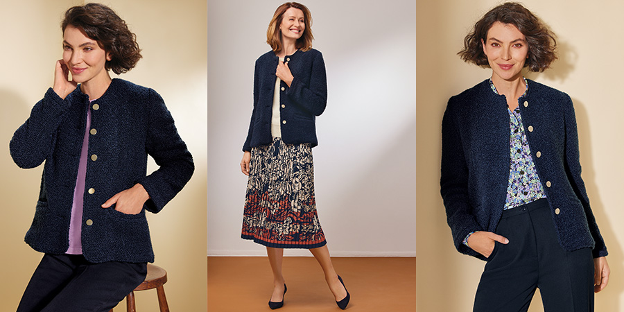 a classic and timeless navy boucle jacket for mature women