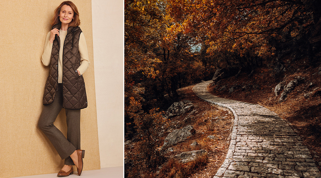 a chocolate brown longline quilted gilet for a walk in the autumn season