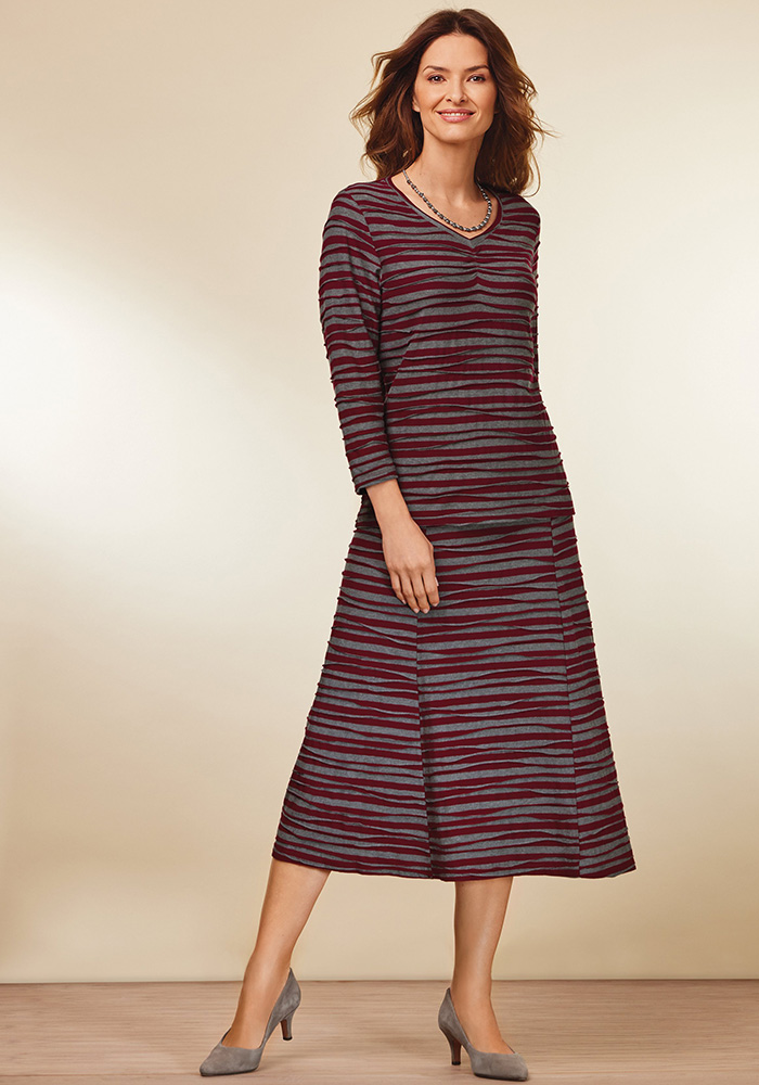 a matching striped jerseywear set with tones of burgundy and grey